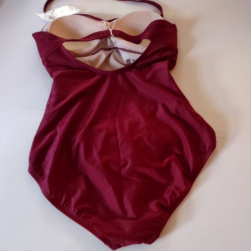 Kona Sol Maroon One Piece Rouched Swim Suit Large - Picture 4 of 13